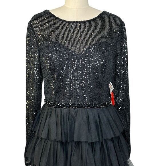 Mac Duggal Black Long Sleeve Ruffle Tiered Sequin Midi Cocktail Dress| 10 - Picture 9 of 10